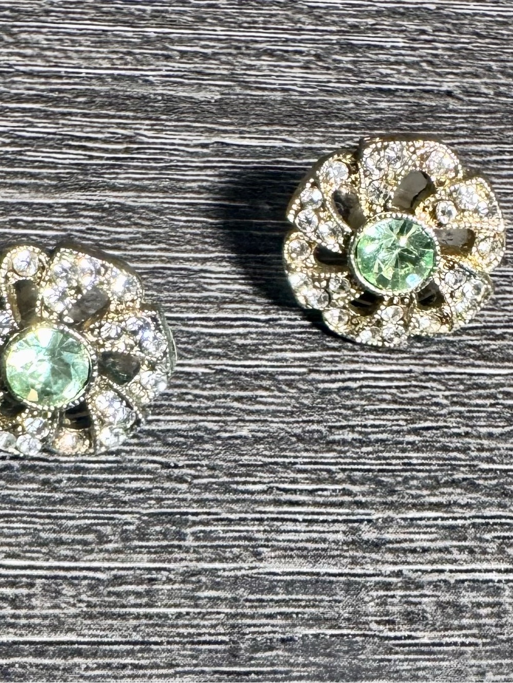 Gold-Tone Flower Stud Earrings with Light Green Crystal Center